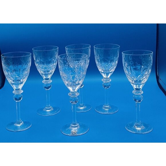 Rogaska Gallia Set Of 6 Floral Etched Cut Lead Crystal Wine Glasses 7" Tall - Picture 8 of 14